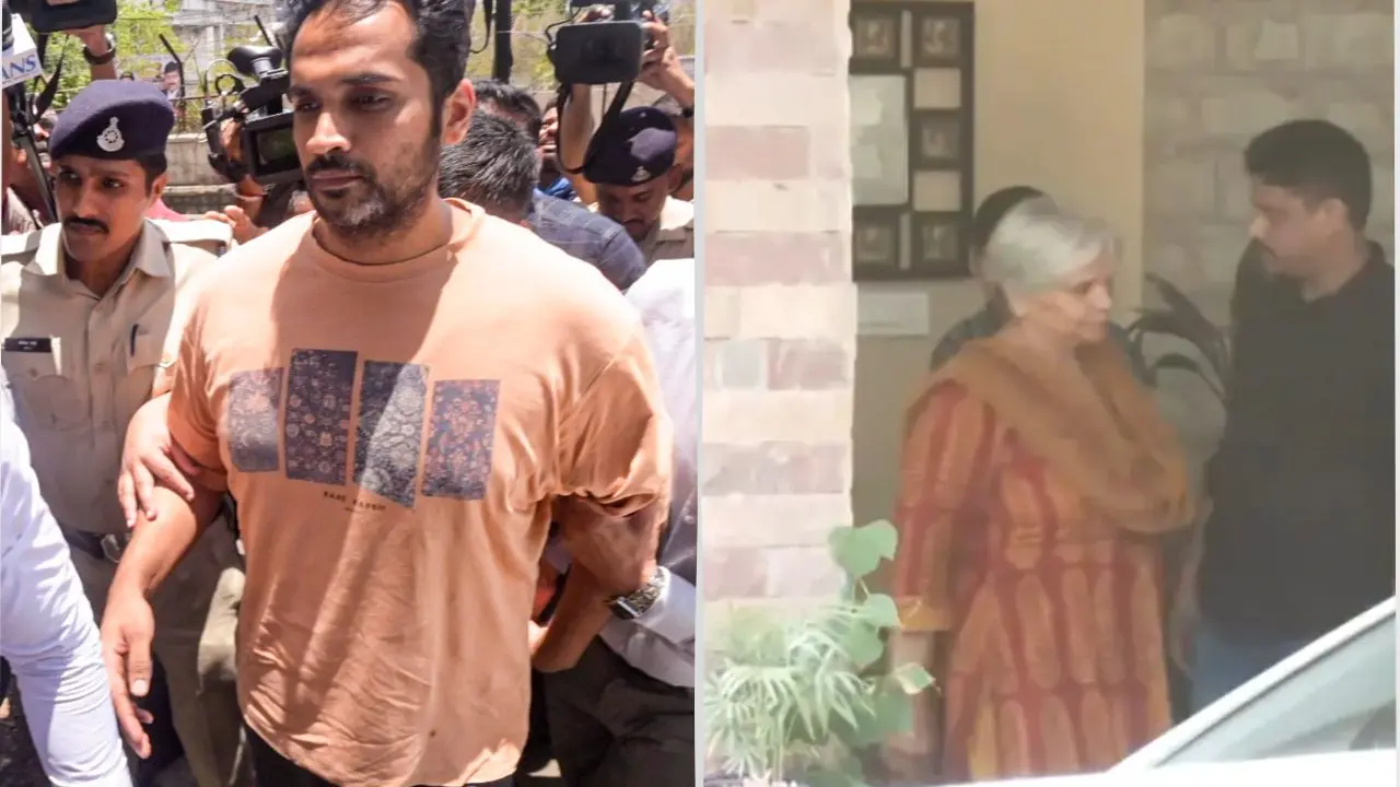 Model-actor Twisha Sharma's husband, Samarth Singh (L) and mother-in law (R) being produced before the Bhopal district court. Pic/PTI and File Pic
